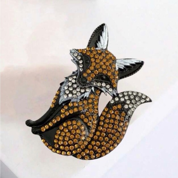 Fox Brooch Pin rhinestones bling jewelry vintage retro silver wildlife metal red - Picture 4 of 16